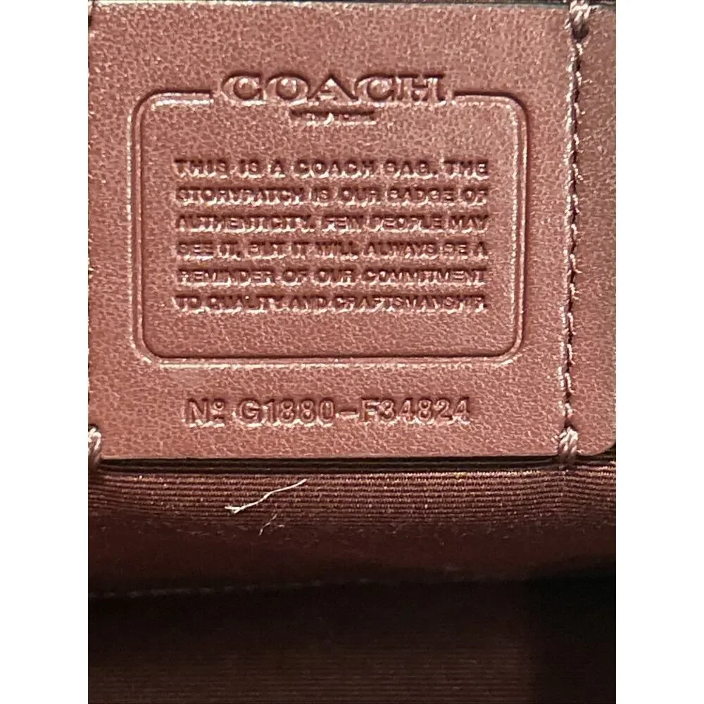 Coach F34824 Ivie Burgundy Leather Trim Beige Signature Hobo Purse Hand Bag